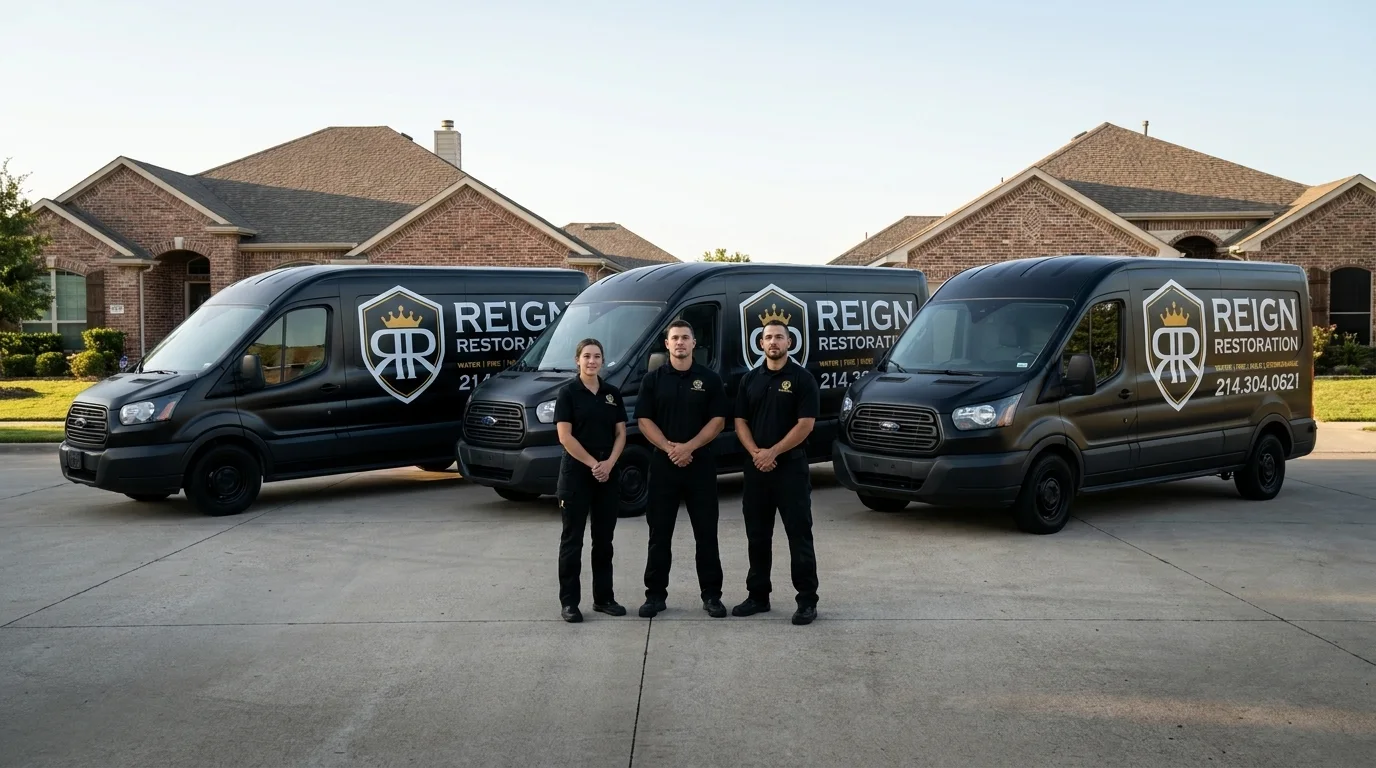 Two technicians in PPE suits remediating kitchen floor damage, Reign Restoration